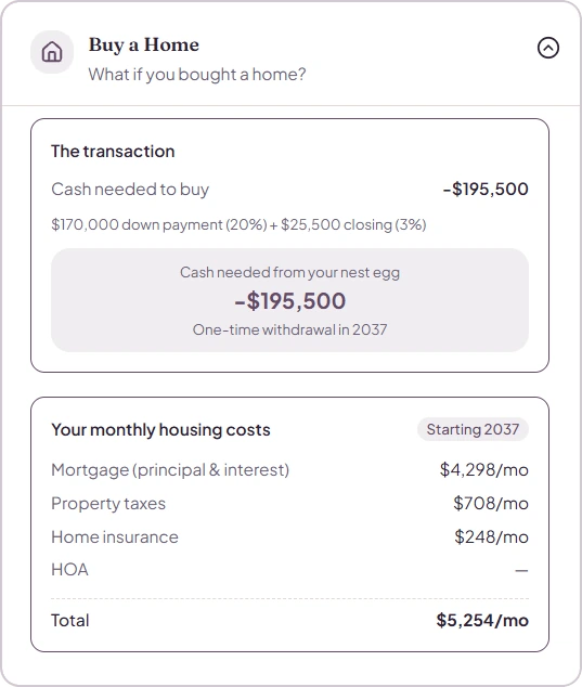 Hi Maestro's Buy a Home scenario for an example plan: $195,500 needed from the nest egg in 2037, and new housing costs of $5,254 a month.